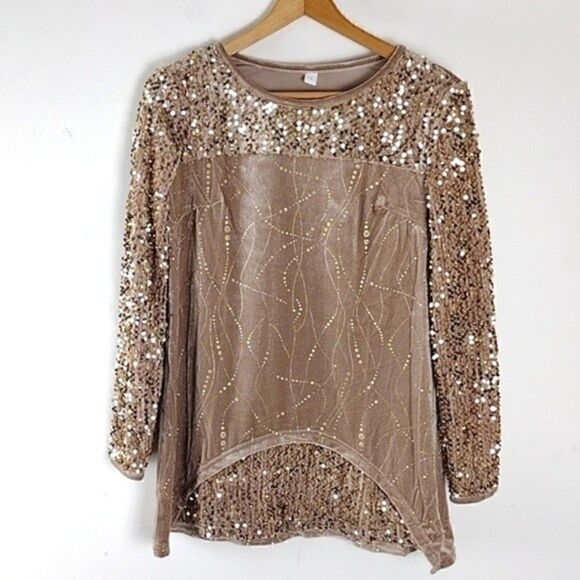 Tops - Velvet Gold Tan Sequin Embellished Top